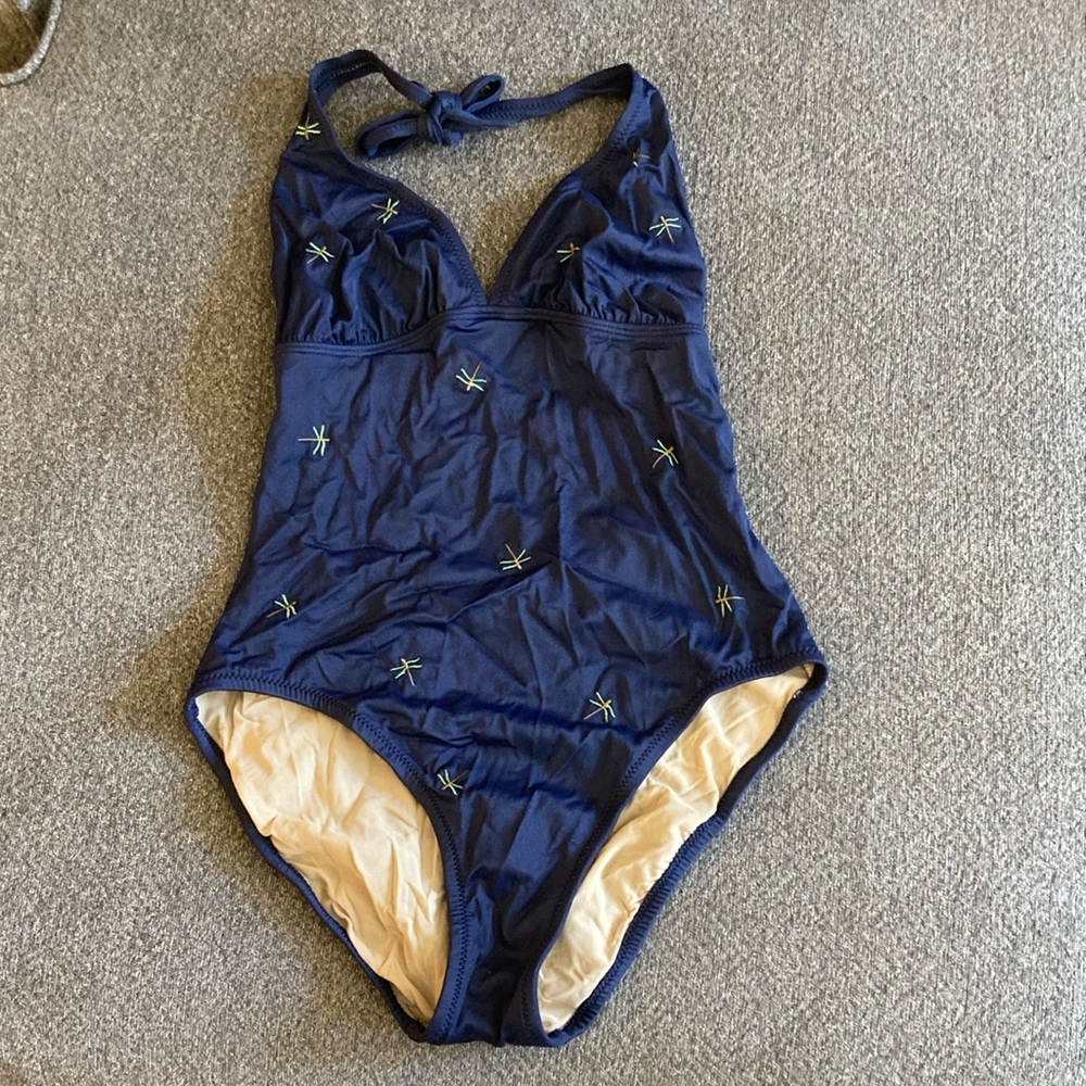 Navy Blue One-Piece Swimsuit with Embroidered Details